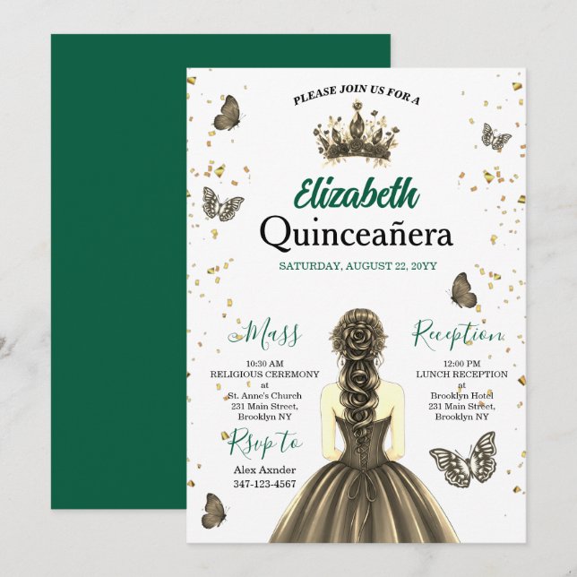 Invitation Quinceañera Or avec Vert Émeraude (Devant / Derrière)