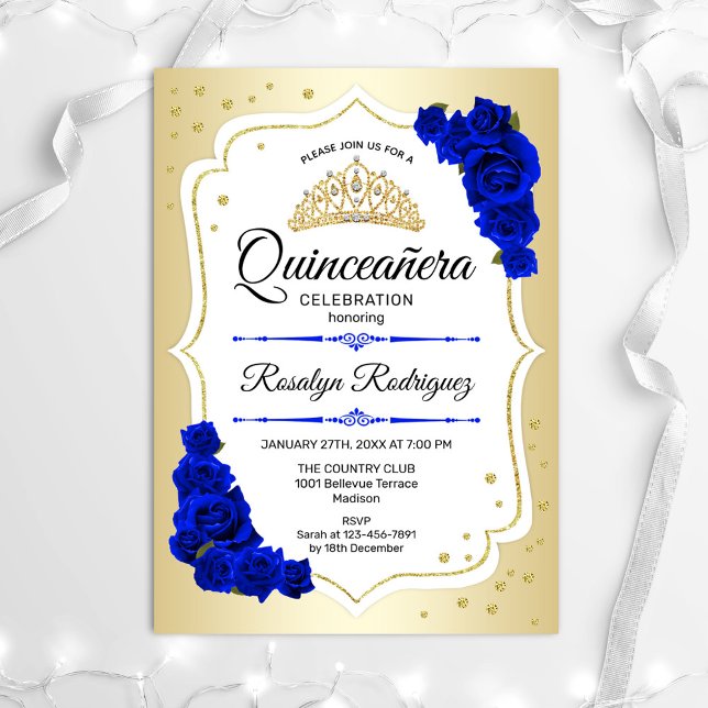 Invitation Quinceanera - Or Blanc Royal Bleu (Créateur téléchargé)