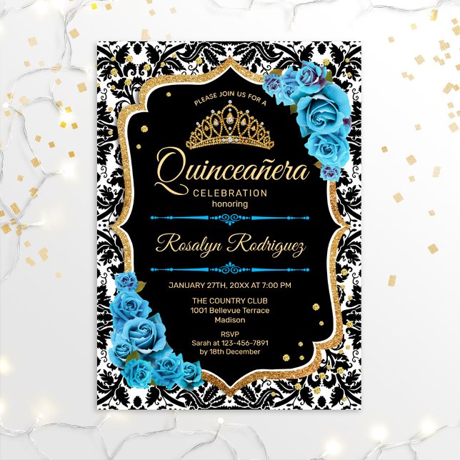 Invitation Quinceanera - Or bleu noir (Créateur téléchargé)