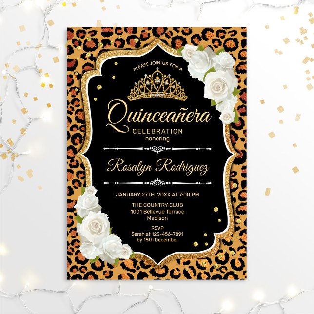 Invitation Quinceanera - Or Empreinte de léopard Blanc (Créateur téléchargé)