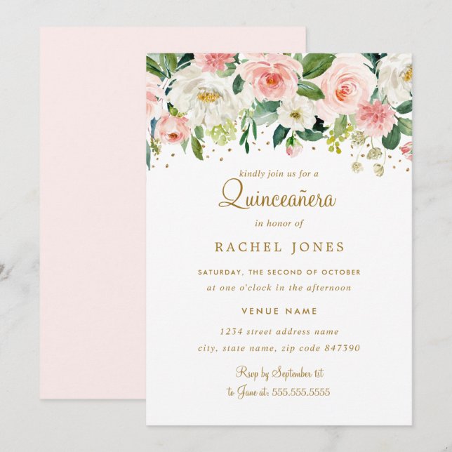 Invitation Quinceanera Or Floral Blush (Devant / Derrière)