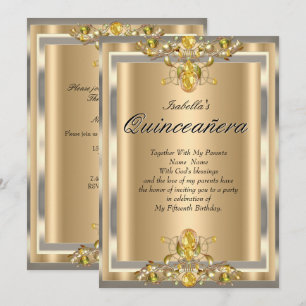 Invitation Quinceanera Or Gold Beige Jaune Gemmes 15 Annivers