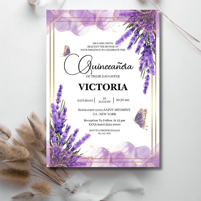 Invitation Quinceañera or lavande violette papillon floral (Créateur téléchargé)