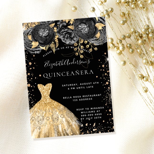 Invitation Quinceanera or noir parties scintillant robe flora (Créateur téléchargé)