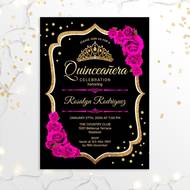 Invitation Quinceanera - Or noir rose (Créateur téléchargé)