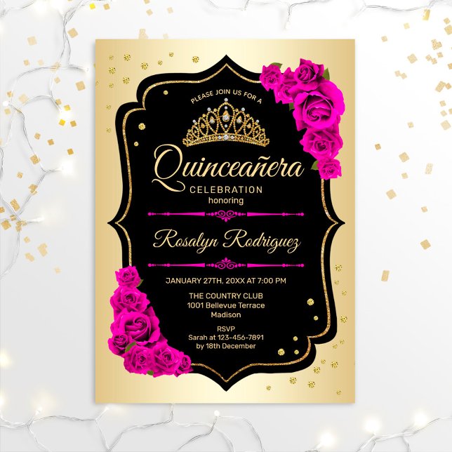 Invitation Quinceanera - Or noir rose (Créateur téléchargé)