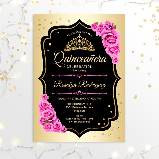Invitation Quinceanera - Or noir rose (Créateur téléchargé)