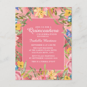 Invitation Quinceañera or rose bleu jaune Floral