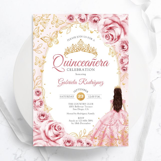 Invitation Quinceanera Or rose Floral (Créateur téléchargé)