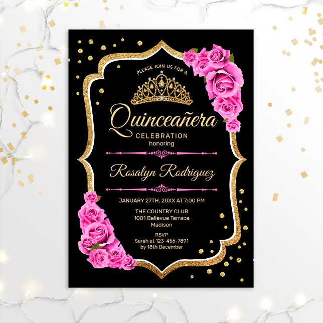 Invitation Quinceanera - Or rose noir (Créateur téléchargé)