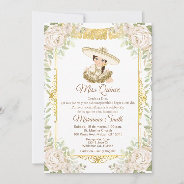 Invitation Quinceanera Or Roses Blanches Fiesta Mis Quince  (Devant)