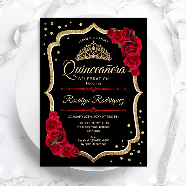Invitation Quinceanera - Or rouge noir (Créateur téléchargé)