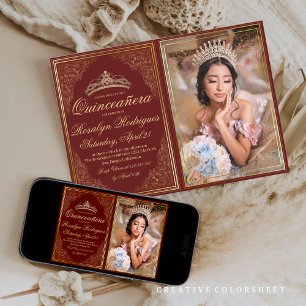 Invitation Quinceanera Or rouge Ornate Princesse Tiara