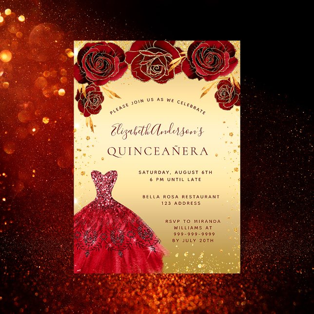 Invitation Quinceanera or rouge parties scintillant robe flor (Créateur téléchargé)