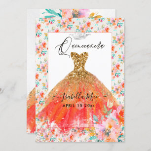 Invitation Quinceanera Orange Gown Aquarelle Fleurs