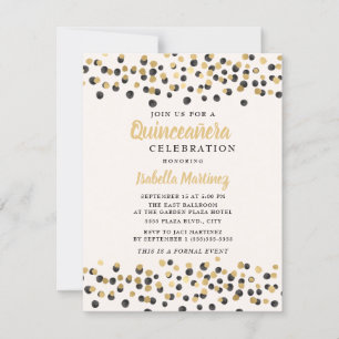 Invitation Quinceanera pailleté de confettis or et noir