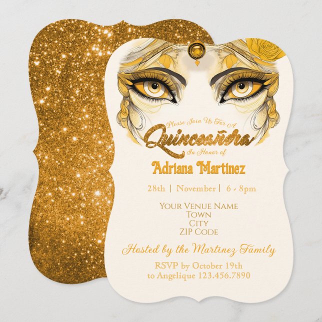 Invitation Quinceañera Paillettes Or (Devant / Derrière)