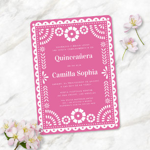 Invitation Quinceañera Papel Picado Élégant rose vif