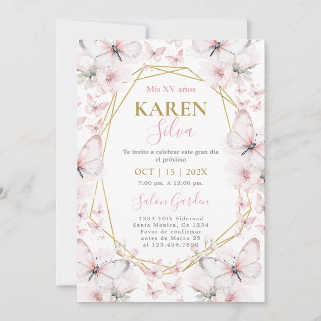 Invitation Quinceanera papillon (Devant)