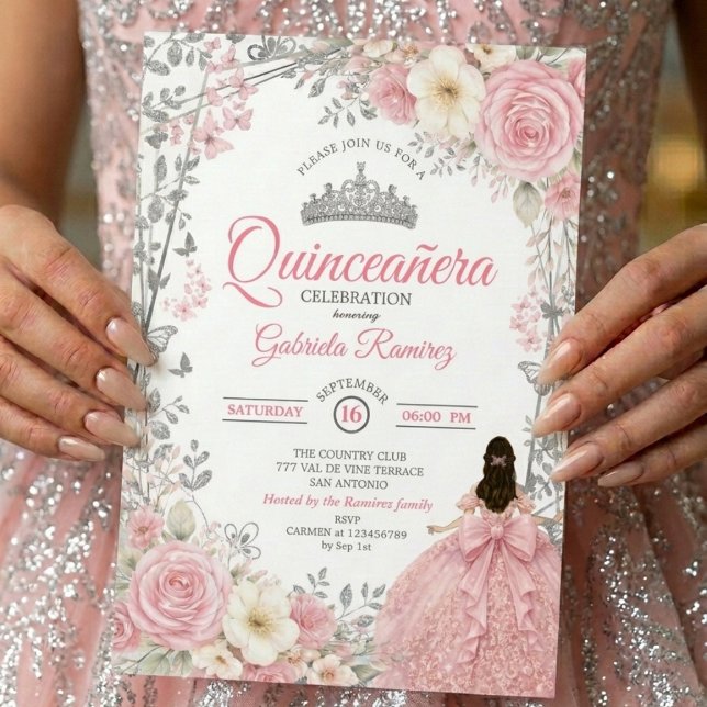 Invitation Quinceañera Papillon Argent Rose Pâle (Créateur téléchargé)
