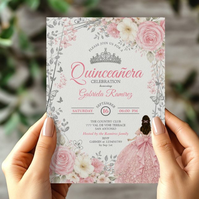 Invitation Quinceañera Papillon Argent Rose Pâle (Créateur téléchargé)