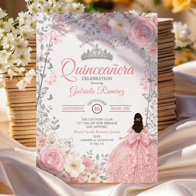 Invitation Quinceañera Papillon Argent Rose Pâle (Créateur téléchargé)