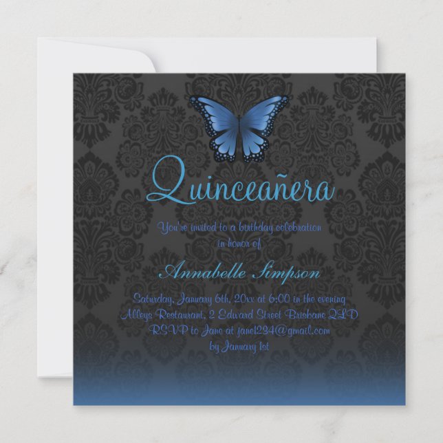 Invitation Quinceanera Papillon Bleu & Damassé (Devant)
