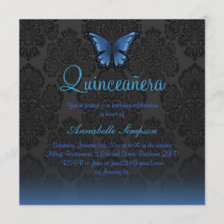 Invitation Quinceanera Papillon Bleu & Damassé