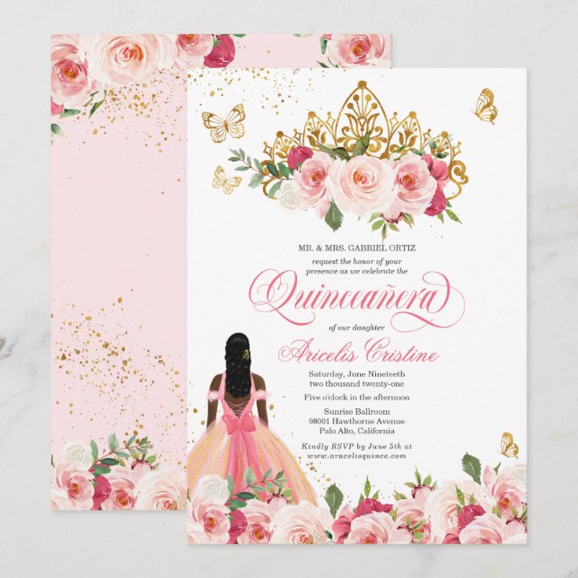 Invitation Quinceañera Papillon bleu rose Aquarelle Florale (Devant / Derrière)