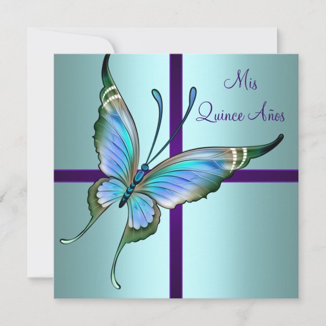Invitation Quinceanera, papillon bleu turquoise (Devant)
