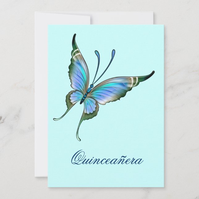Invitation Quinceanera, papillon bleu turquoise 15e anniversa (Devant)