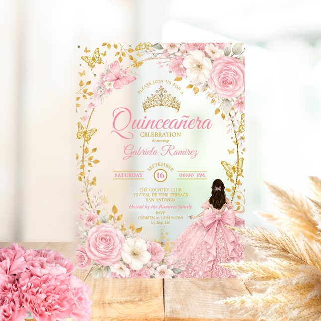 Invitation Quinceañera Papillon Doré Rose Pâle (Créateur téléchargé)