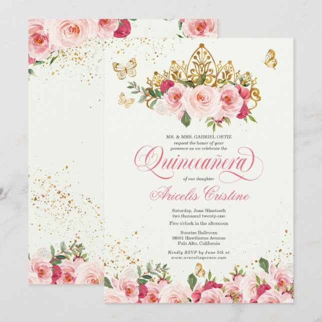 Invitation Quinceañera Papillon et Rose d'aquarelle rose (Devant / Derrière)