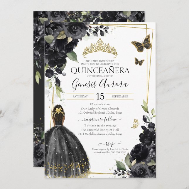 Invitation Quinceañera Papillon floral noir, Fille en robe (Devant / Derrière)