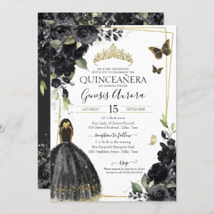 Invitation Quinceañera Papillon floral noir, Fille en robe