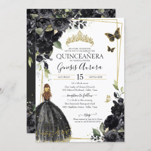 Invitation Quinceañera Papillon floral noir, Fille en robe