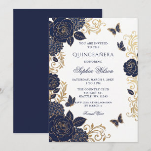 Invitation Quinceañera Papillon Floral Or Navy