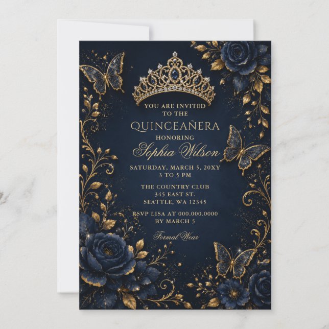 Invitation Quinceañera Papillon Floral Or Navy (Devant)