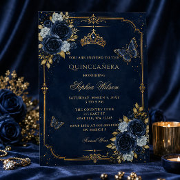 Invitation Quinceañera Papillon Floral Or Navy
