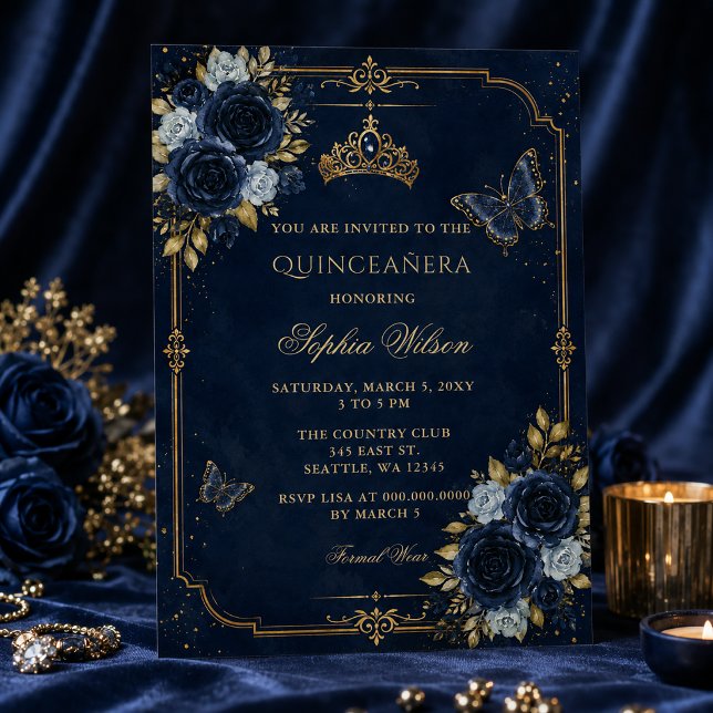 Invitation Quinceañera Papillon Floral Or Navy (Navy Gold Floral Butterfly Quinceañera Invitation)