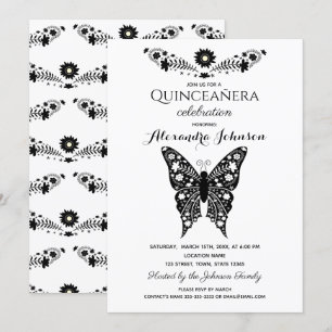 Invitation Quinceanera, papillon noir et blanc 15e anniversai