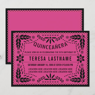 Invitation Quinceañera papillon noir rose
