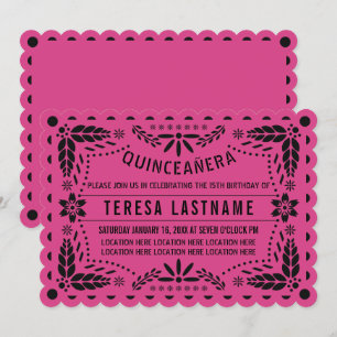 Invitation Quinceañera papillon noir rose