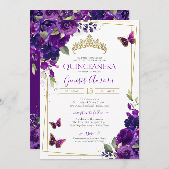 Invitation Quinceañera Papillon Purple Aquarelle Florale (Devant / Derrière)