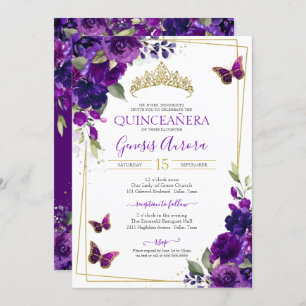 Invitation Quinceañera Papillon Purple Aquarelle Florale
