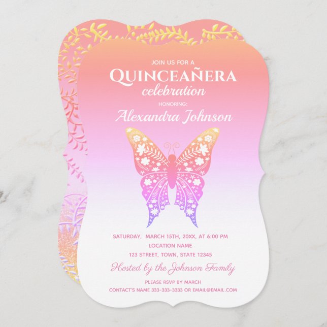 Invitation Quinceanera Papillon rose 15e anniversaire (Devant / Derrière)