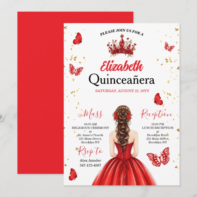Invitation Quinceañera Papillon Royal Rouge (Devant / Derrière)