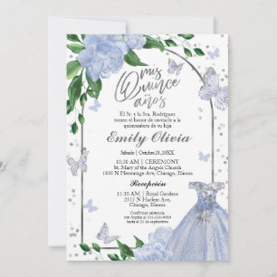 Invitation Quinceanera Papillons Dusty Blue Gown Espagnol