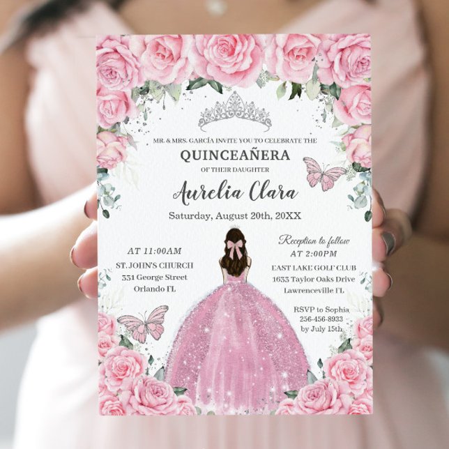 Invitation Quinceañera Papillons floraux roses Argent Tiara (Créateur téléchargé)