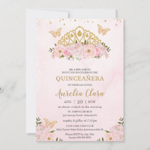 Invitation Quinceañera Papillons floraux roses Princesse Cour